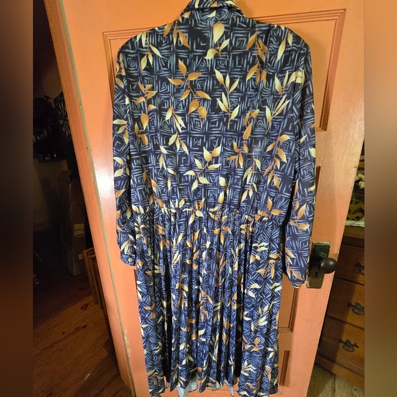 Anthony Richards Blue Pleated Leaf Pattern Secretary Dress w belt Size 24 1/2 - Picture 3 of 5